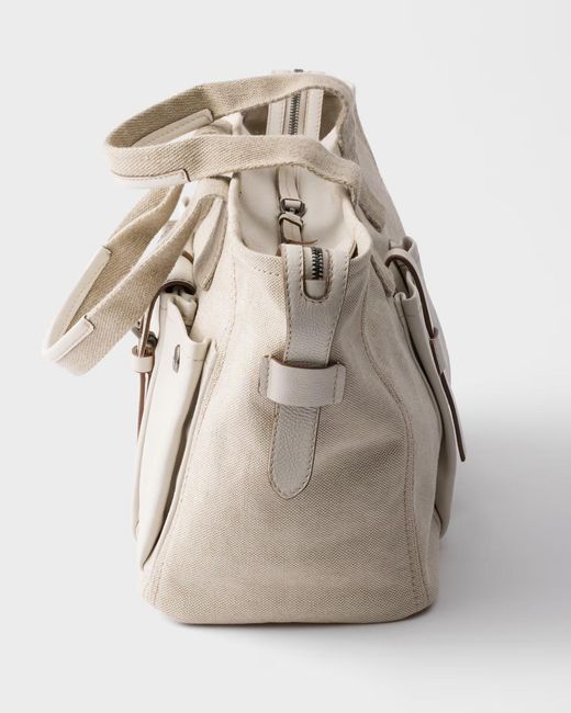 Prada Natural Route Large Canvas And Leather Tote Bag
