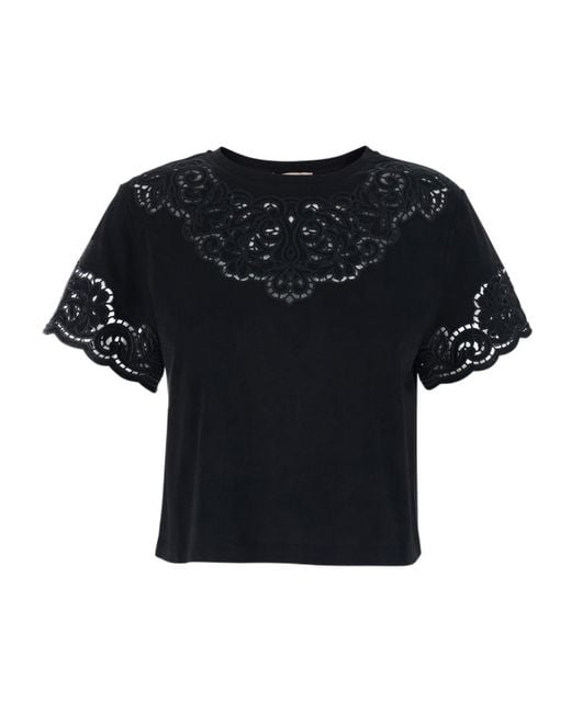 Twinset Black Floral Embroidered Cropped T-Shirt