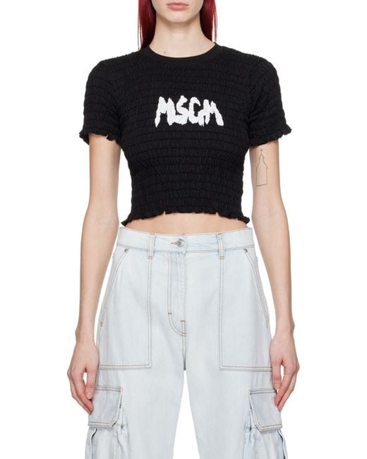 MSGM Black Logo-Printed Smocked Cropped Top
