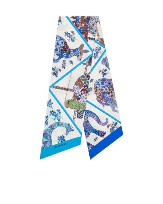 Ferragamo Blue Patchwork Printed Silk Scarf