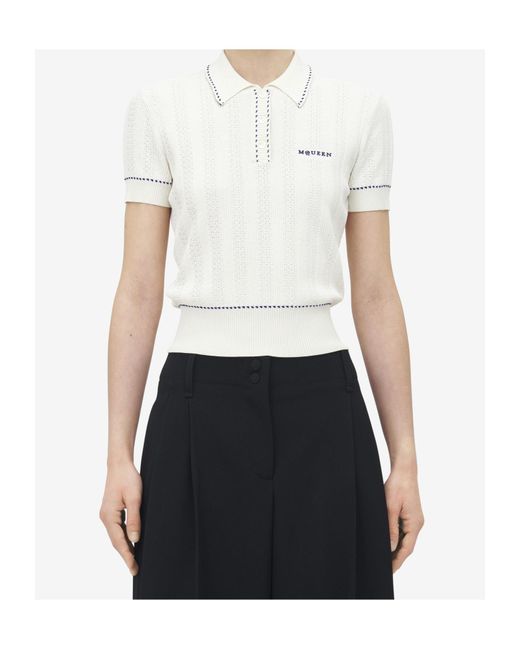 McQueen White Logo Embroidered Knitted Polo Shirt