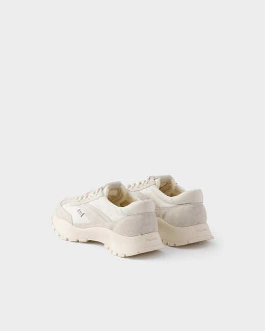 Prada White Mesh Fabric And Suede Sneakers