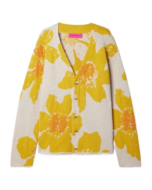 The Elder Statesman Yellow Floating Florals Cashmere Cardigan