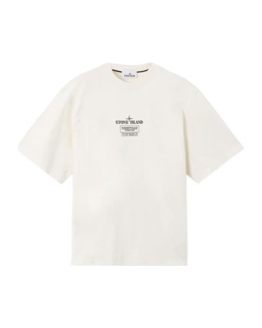 Stone Island White Logo Printed Crewneck T-Shirt for men