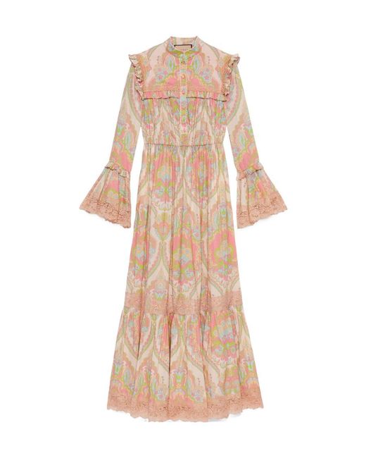 Gucci Natural Floral Printed Ruffled Long-Sleeved Dress