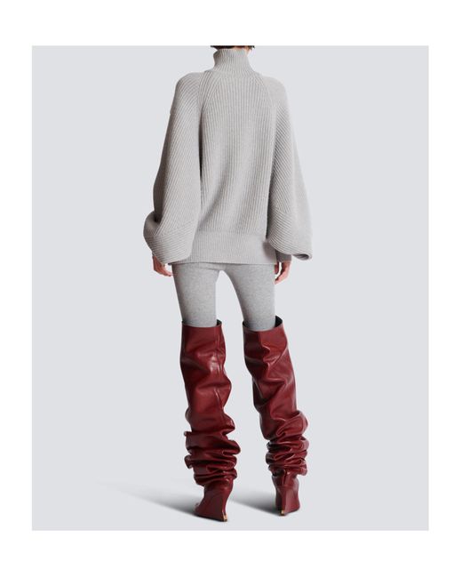 Balmain Gray High-Neck Ribbed Knit Jumper