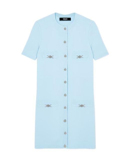 Versace Blue Crewneck Knitted Shirt Dress