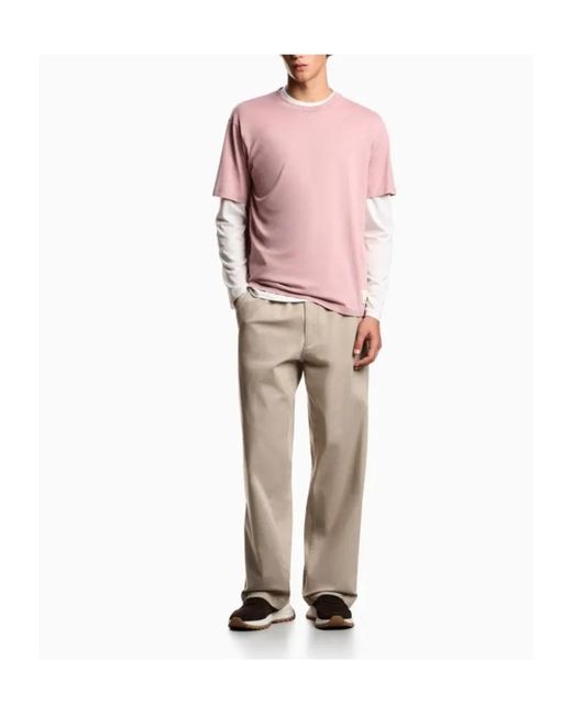 Emporio Armani Pink Pure Cotton Fitted Short-Sleeved Round Neck Plaid Appliqué Embroidered T-Shirt for men