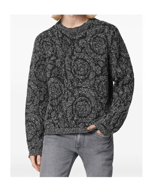 Versace Gray Barocco Jacquard Crewneck Tweed Jumper for men