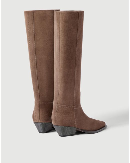 Brunello Cucinelli Brown Suede Boots With Precious Heel