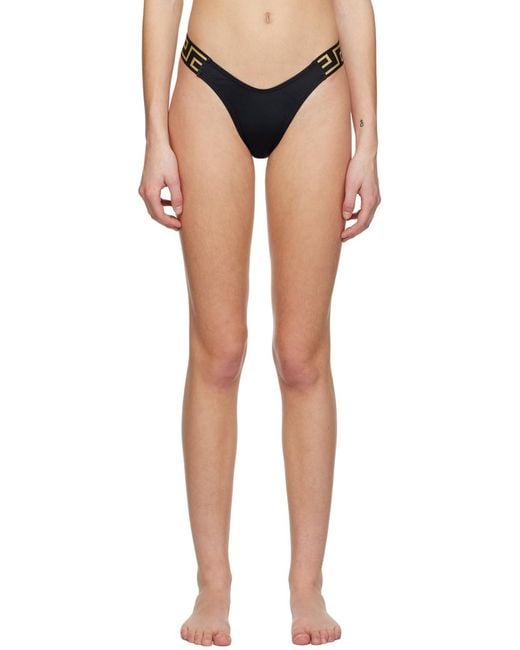 Versace Black Greca-Pattern Printed Thong Bikini Bottoms