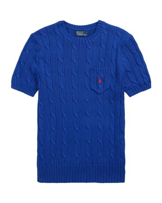 Polo Ralph Lauren Blue Logo Embroidered Cable-Knit Crewneck Top