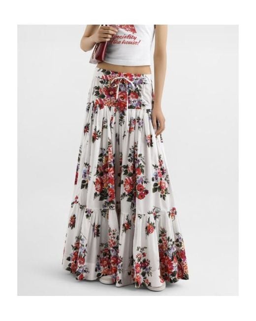 Dolce & Gabbana White Floral Printed Drawstring Skirt