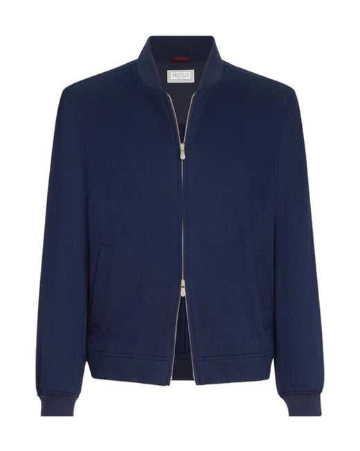 Brunello Cucinelli Blue Lightweight Cashmere Flannel Bomber Jacket for men