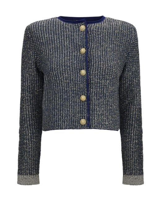 Balmain Blue Sequin-Embellished Metallic-Knit Cardigan