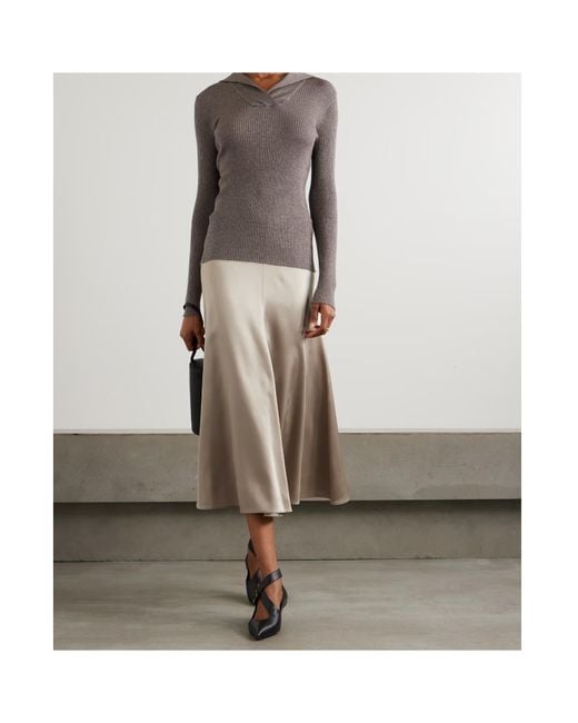 Brunello Cucinelli Natural Gathered Silk-Satin Midi Skirt