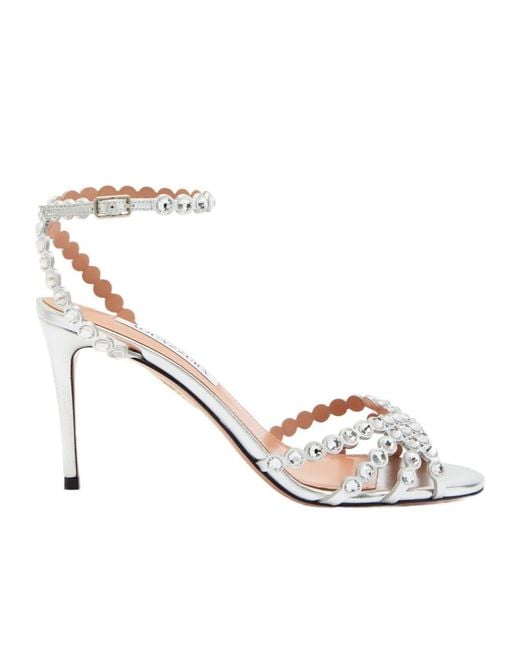 Aquazzura Tequila 85 Embellished Metallic Leather Sandals