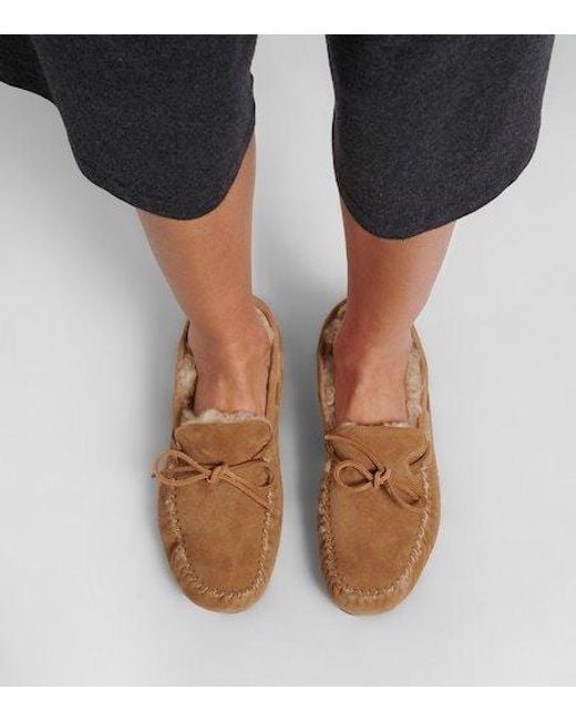 The Row Brown Lucca Shearling-Trimmed Suede Boat Shoes