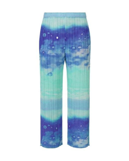Pleats Please Issey Miyake Blue Pleated Abstract-Print Trousers