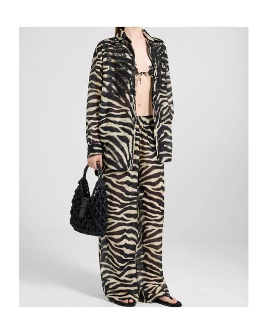 Ermanno Scervino Black Cotton And Silk Blend Shirt With Zebra Print And Rebrodé Lace