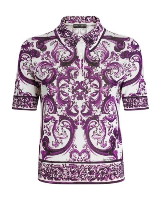 Dolce & Gabbana Purple Silk Majolica Print Polo Shirt