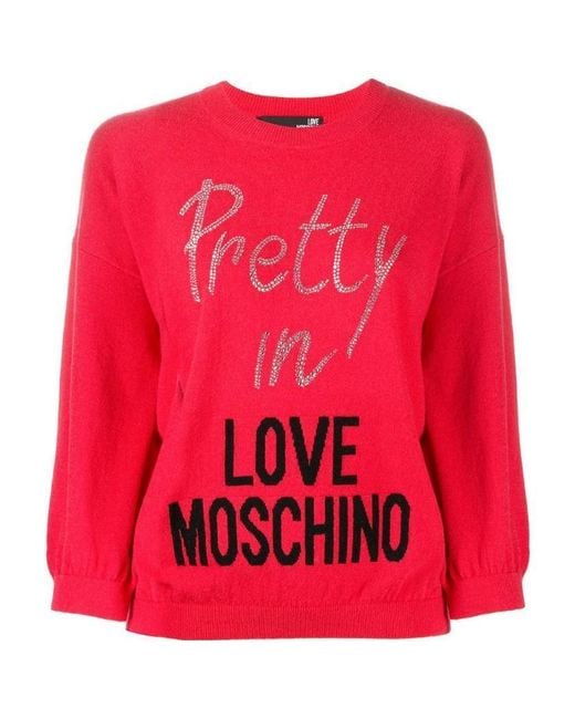 Moschino Red Crystal Decorated Logo-Inlaid Pullover