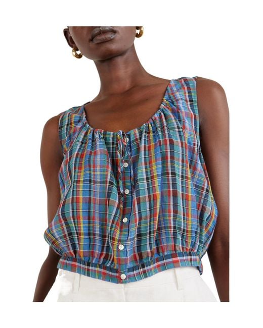 Doen Blue Gathered Checked Organic Cotton-Voile Top
