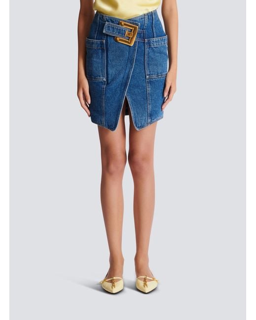 Balmain Blue Denim Belted Mini Skirt
