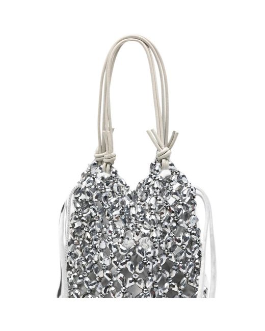Staud White Karla Beaded-Mesh Drawstring Tote Bag