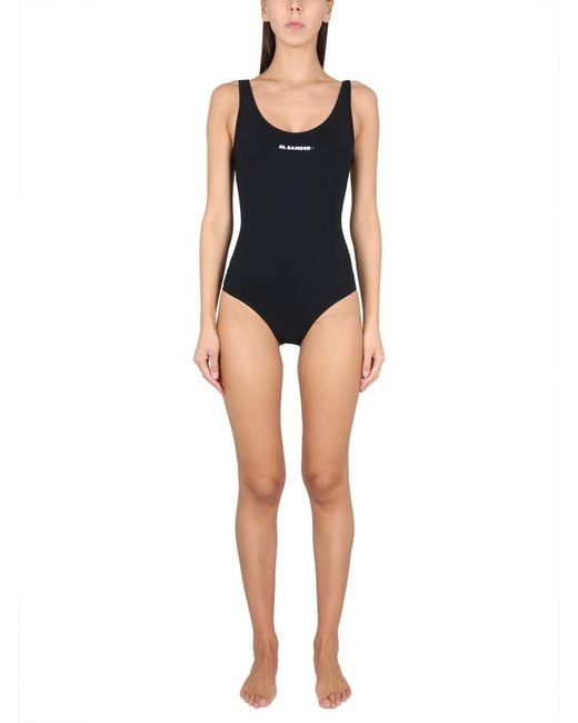 Jil Sander Black Logo Printed One-Piece Swimsuit