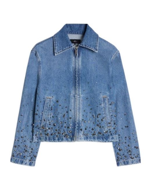 7 For All Mankind Blue Embellished Zipped Denim Jacket
