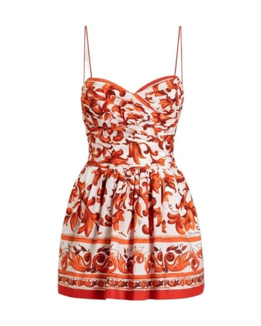 Dolce & Gabbana Red Majolica-Print Poplin Short Dress