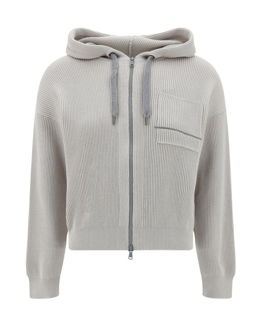 Brunello Cucinelli Gray Hooded Drawstring Zipped Hoodie
