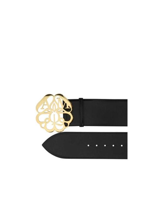 McQueen Black Flower Logo Plaque Buckle Belt