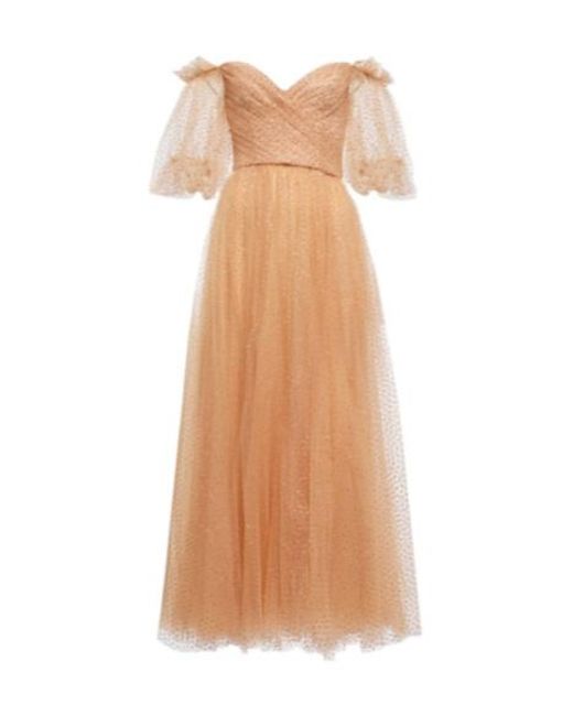 Monique Lhuillier Natural Embellished Tulle Off-Shoulder Gown