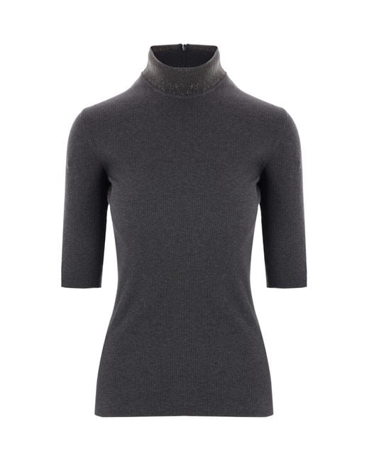 Brunello Cucinelli Black Monili-Detailed Mock Neck Ribbed Top