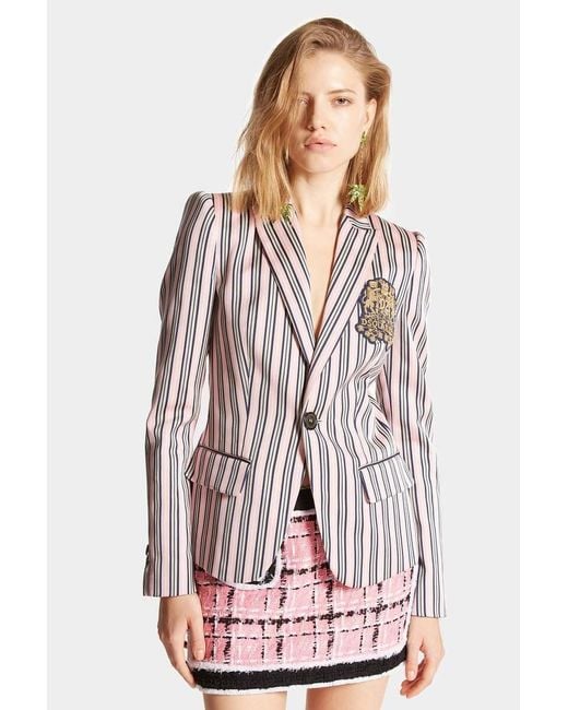 DSquared² Pink Logo-Patch Striped Blazer