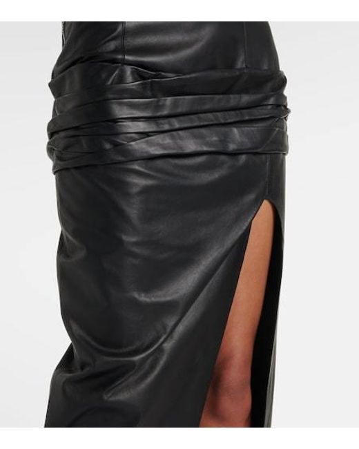 The Attico Black Draped Strapless Leather Midi Dress