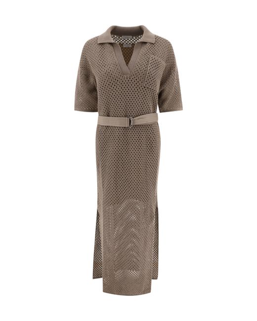 Brunello Cucinelli Natural Crochet-Knitted Belted Midi Dress