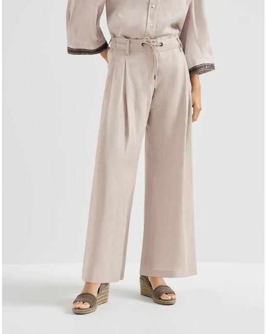 Brunello Cucinelli Natural Linen Drawstring Wide-Leg Trousers