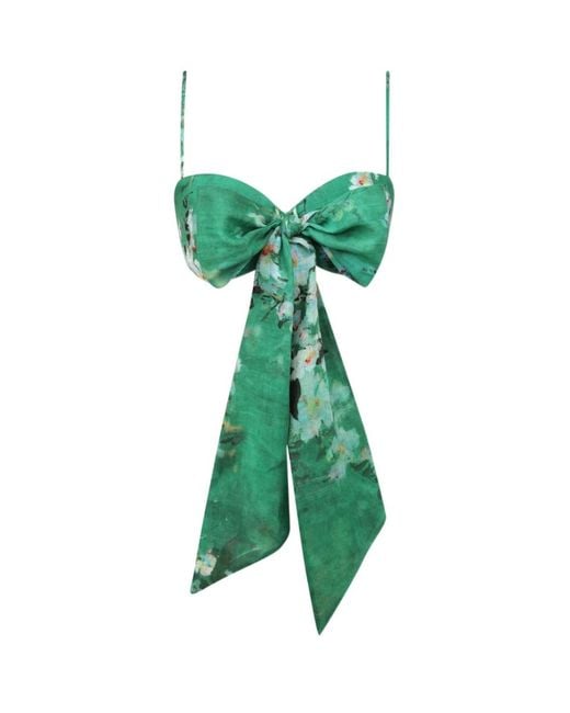 Zimmermann Green Everley Bow Floral-Pattern Linen Bralette