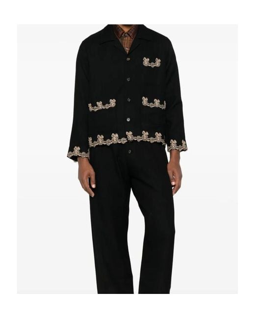 Bode Black Embroidered-Pocket Wool Overshirt for men