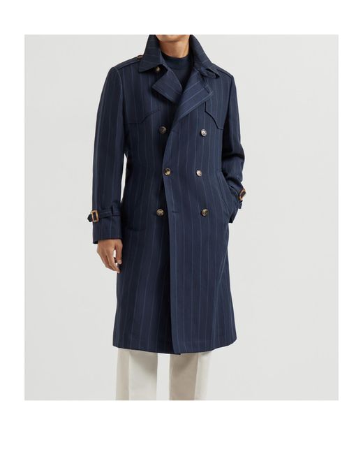 Brunello Cucinelli Blue Striped Trench Coat for men