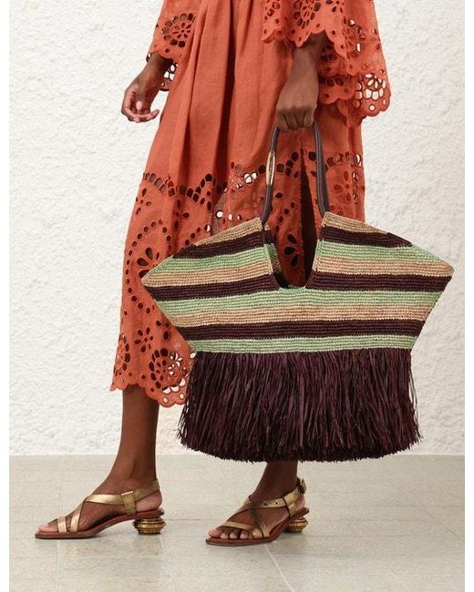 Zimmermann Brown Large Goldentime Striped Fringed Tote Bag