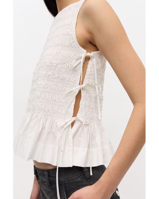 Ganni White Cotton Smock Tie Top