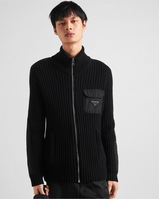 Prada Black Wool And Cashmere Cardigan With Re-Nylon Details for men