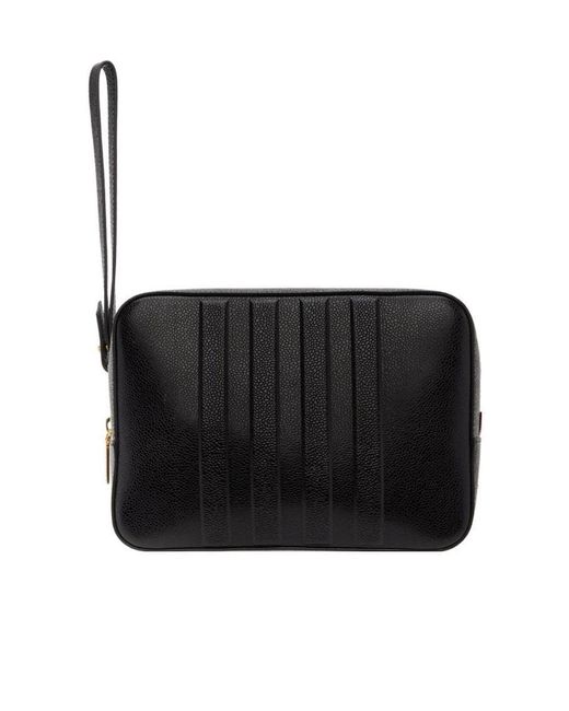 Thom Browne Black Four-Bar Detailed Zipped Wash Bag for men