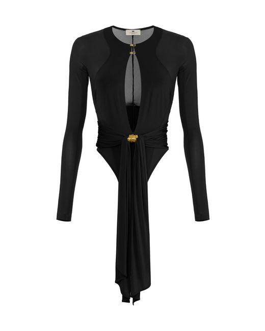 Elisabetta Franchi Black Cut-Out Long-Sleeve Bodysuit Top