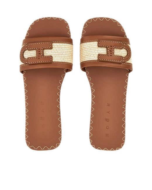 Hogan Brown H685 Raffia-Trim Flat Sandals