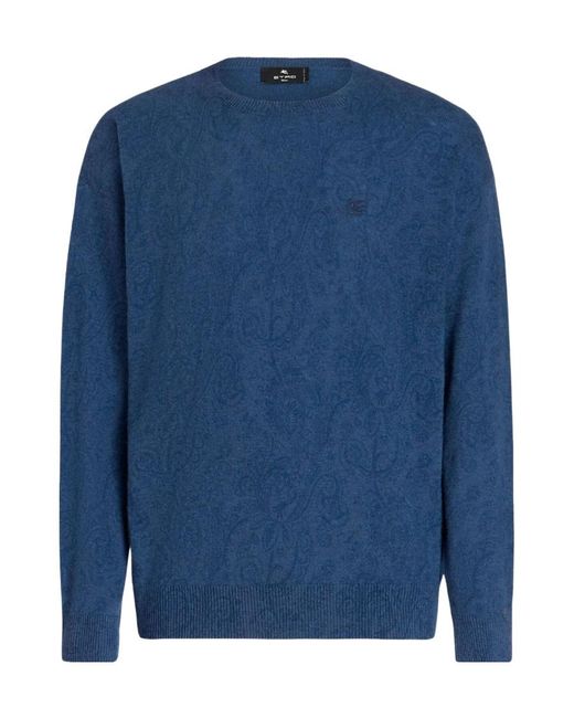Etro Blue Logo-Embroidered Crewneck Knitted Jumper for men